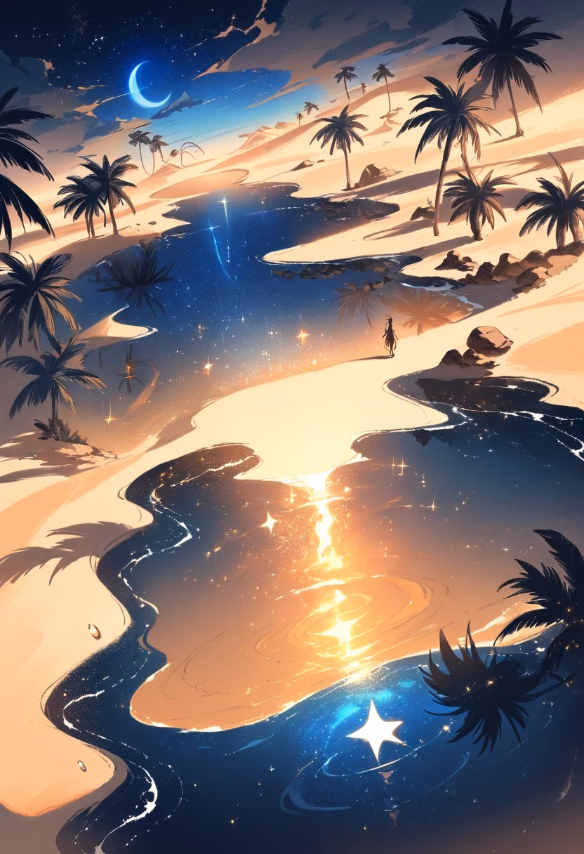 Moonlit Desert Oasis — view 4 — moonlit desert oasis, palm trees around clear pool, star-filled sky, golden sand dunes, peaceful night, magical atmosphe