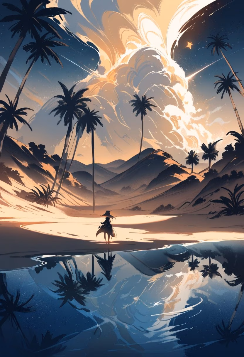 Moonlit Desert Oasis — view 5 — moonlit desert oasis, palm trees around clear pool, star-filled sky, golden sand dunes, peaceful night, magical atmosphe