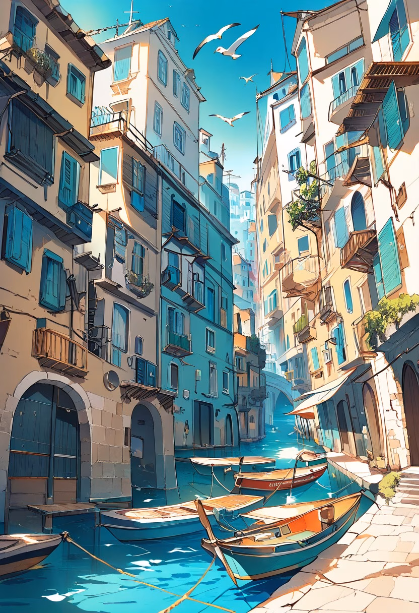 Colorful Coastal Harbor — view 1 — colorful fishing boats in small harbor, calm turquoise water, coastal houses, morning sunlight, seagulls, Mediterranean 