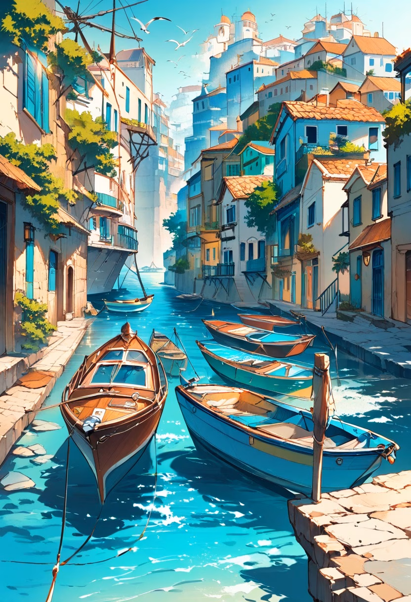 Colorful Coastal Harbor — view 2 — colorful fishing boats in small harbor, calm turquoise water, coastal houses, morning sunlight, seagulls, Mediterranean