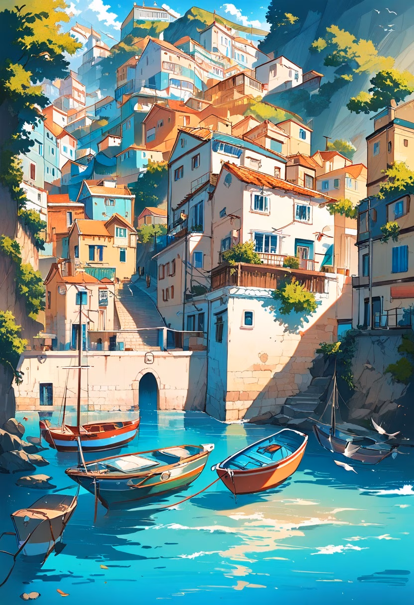 Colorful Coastal Harbor — view 3 — colorful fishing boats in small harbor, calm turquoise water, coastal houses, morning sunlight, seagulls, Mediterranean