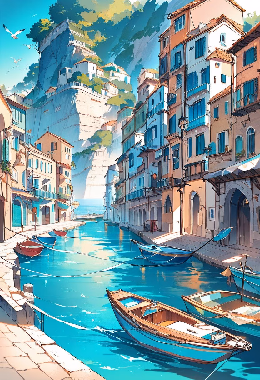 Colorful Coastal Harbor — view 4 — colorful fishing boats in small harbor, calm turquoise water, coastal houses, morning sunlight, seagulls, Mediterranean