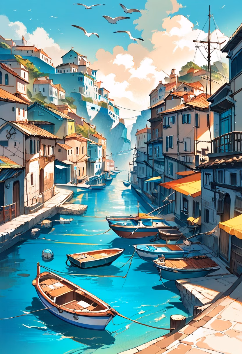 Colorful Coastal Harbor — view 5 — colorful fishing boats in small harbor, calm turquoise water, coastal houses, morning sunlight, seagulls, Mediterranean 