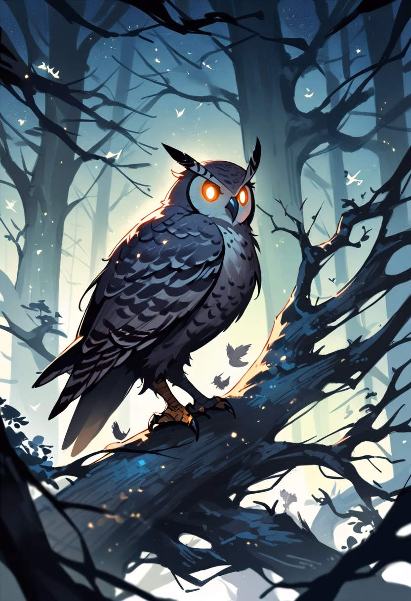 Owl Under the Moon — view 1 — great horned owl perched on ancient tree branch, moonlit forest, stars, soft feathers, mysterious night atmosphere, deta