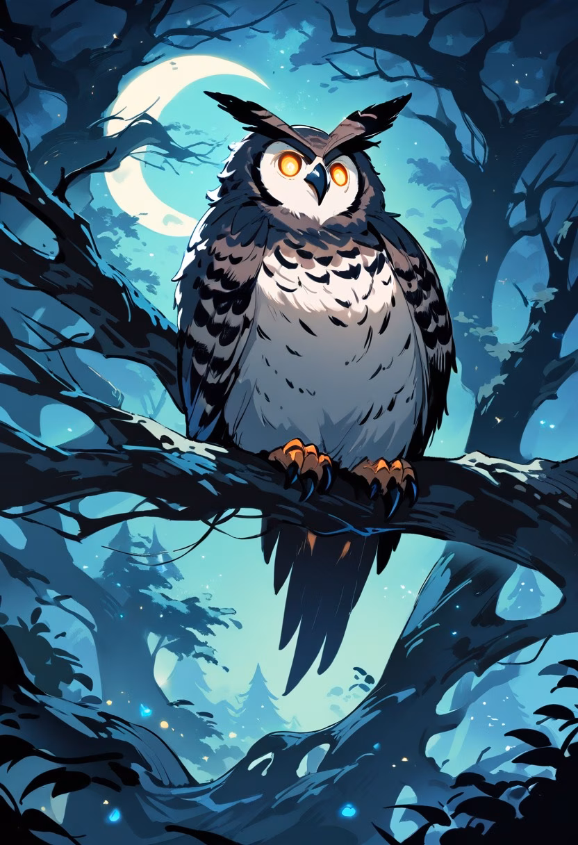 Owl Under the Moon — view 2 — great horned owl perched on ancient tree branch, moonlit forest, stars, soft feathers, mysterious night atmosphere, deta