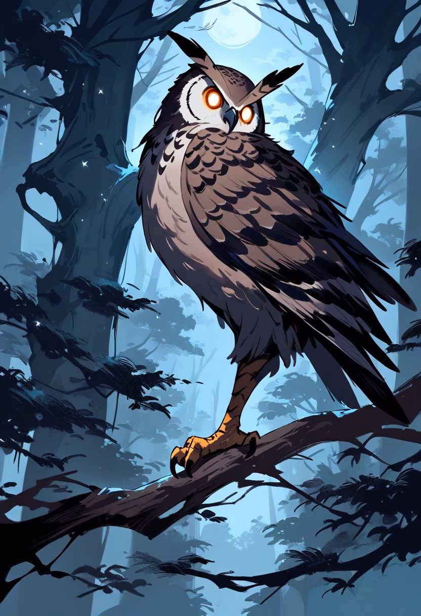 Owl Under the Moon — view 3 — great horned owl perched on ancient tree branch, moonlit forest, stars, soft feathers, mysterious night atmosphere, deta