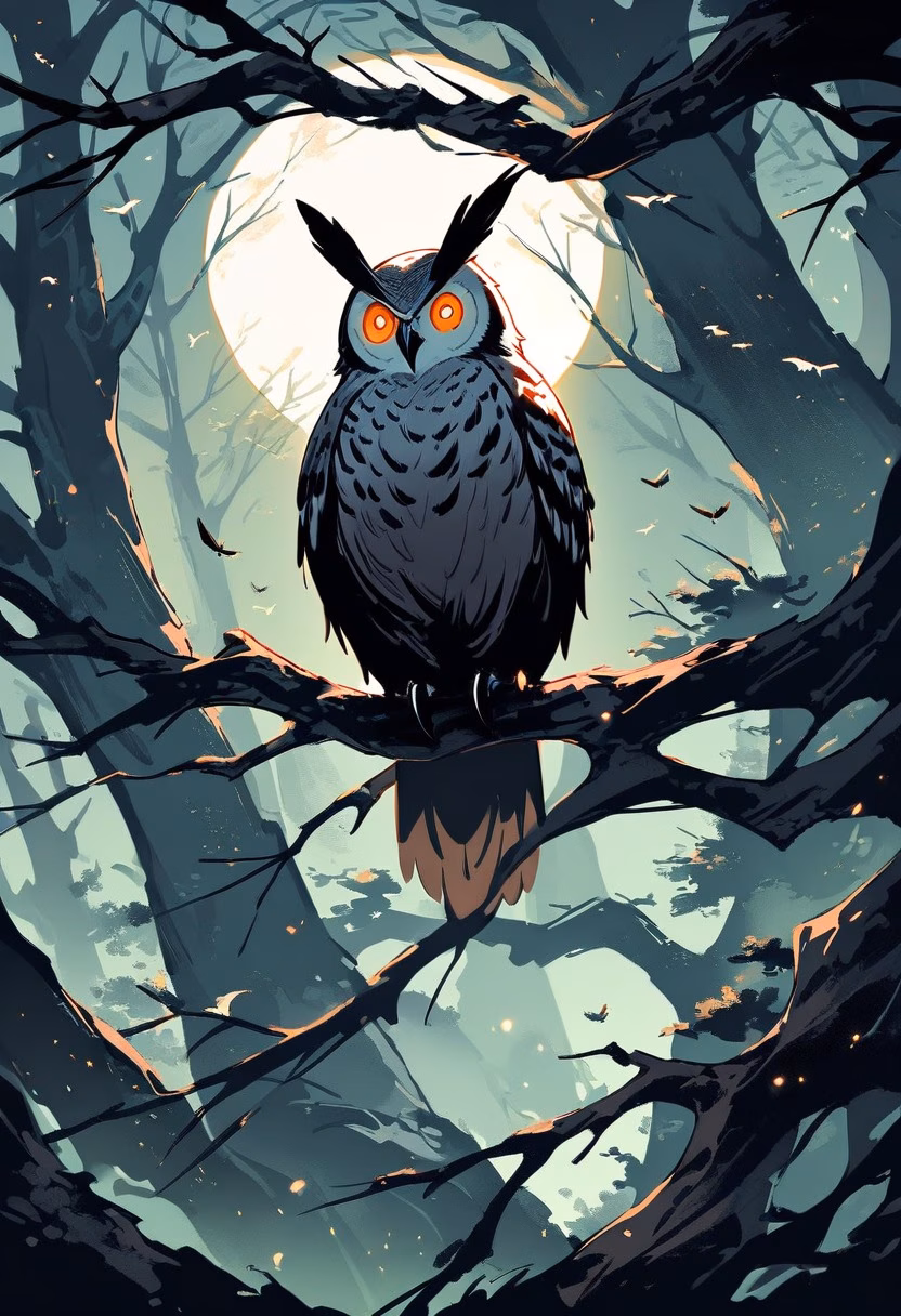 Owl Under the Moon — view 4 — great horned owl perched on ancient tree branch, moonlit forest, stars, soft feathers, mysterious night atmosphere, deta
