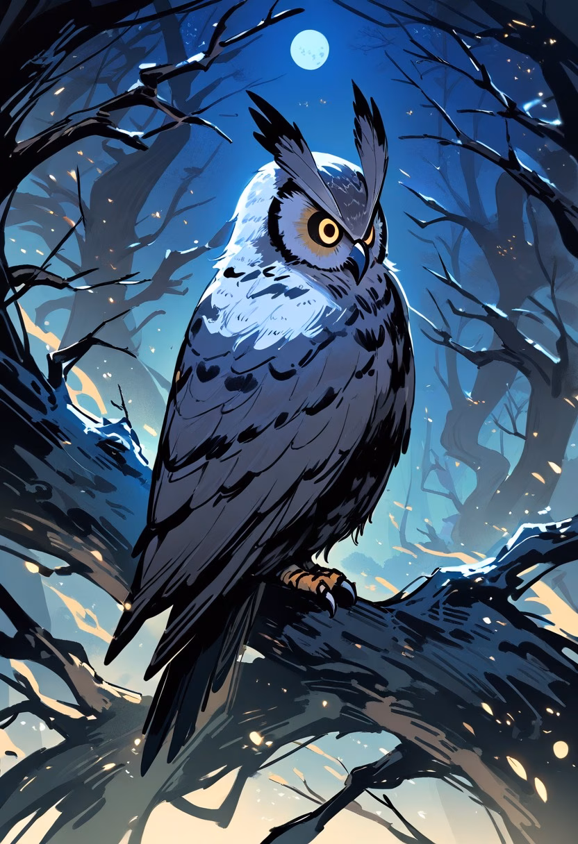Owl Under the Moon — view 5 — great horned owl perched on ancient tree branch, moonlit forest, stars, soft feathers, mysterious night atmosphere, deta