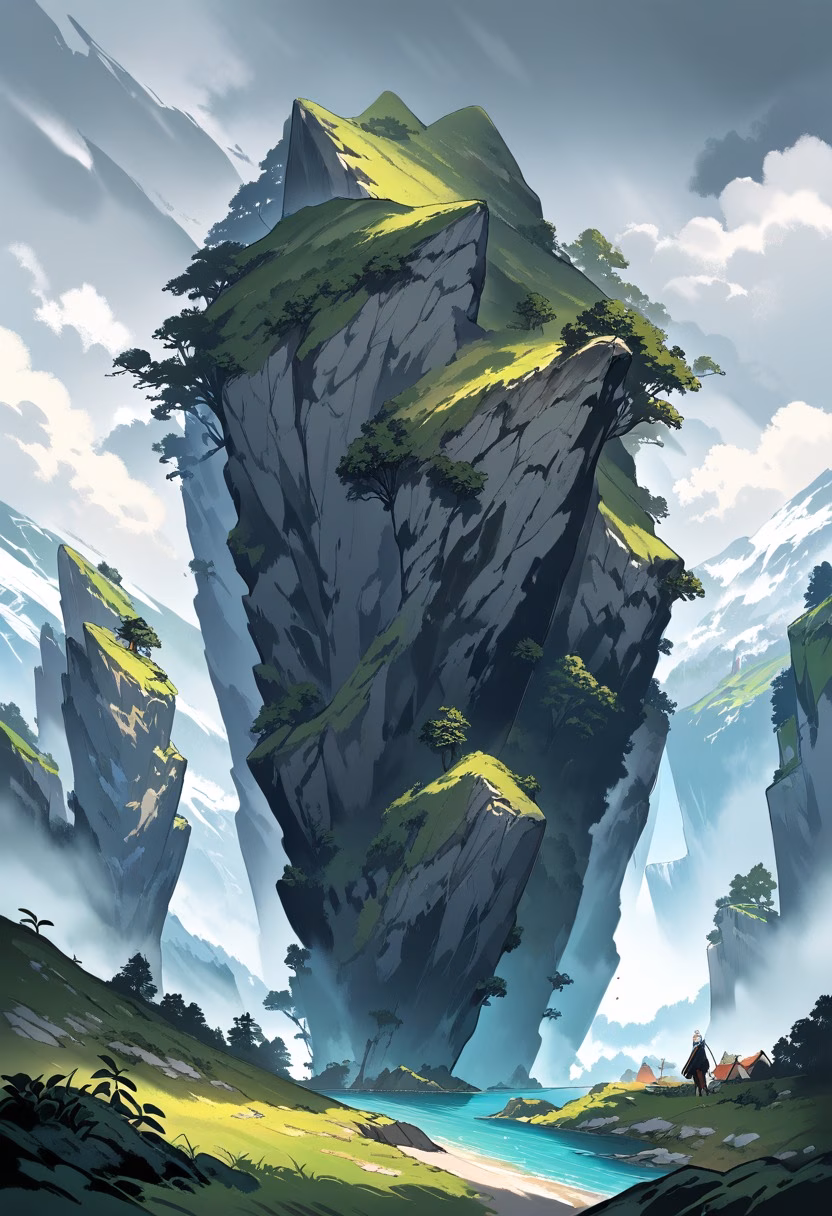 Norwegian Fjord Village — view 1 — fjord landscape, steep cliffs, calm dark water, small village, overcast sky, scandinavian, nature, detailed cliffside, m