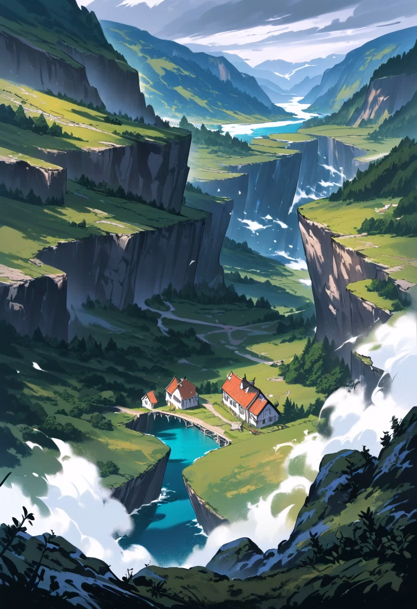 Norwegian Fjord Village — view 2 — fjord landscape, steep cliffs, calm dark water, small village, overcast sky, scandinavian, nature, detailed cliffside, m