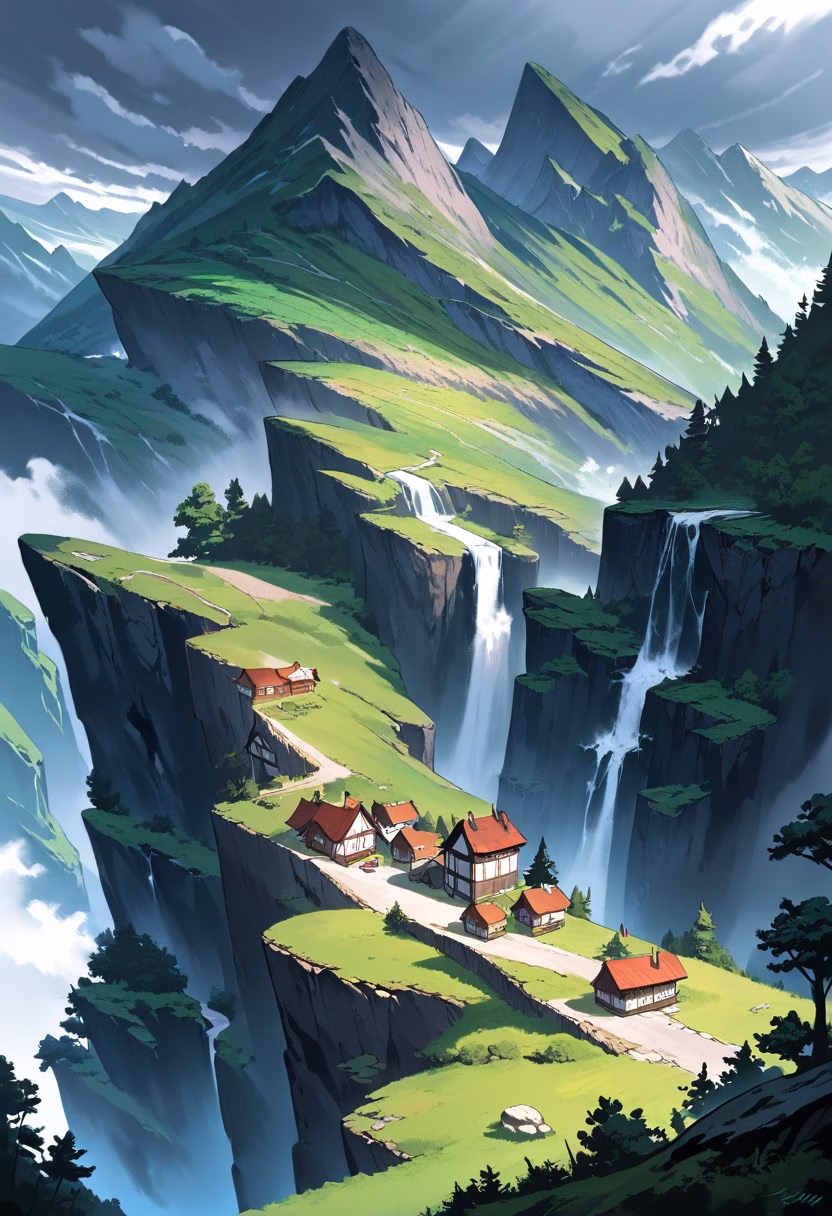 Norwegian Fjord Village — view 3 — fjord landscape, steep cliffs, calm dark water, small village, overcast sky, scandinavian, nature, detailed cliffside, m