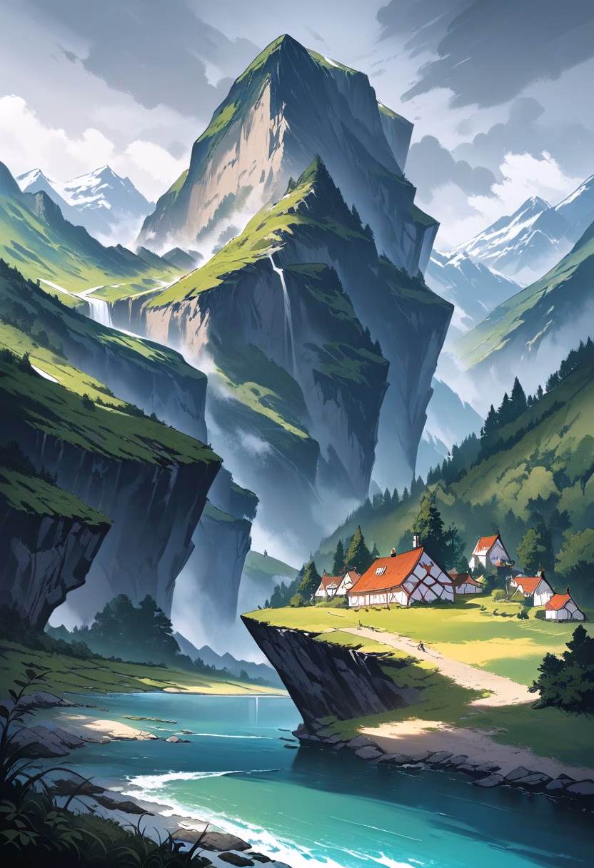Norwegian Fjord Village — view 5 — fjord landscape, steep cliffs, calm dark water, small village, overcast sky, scandinavian, nature, detailed cliffside, m