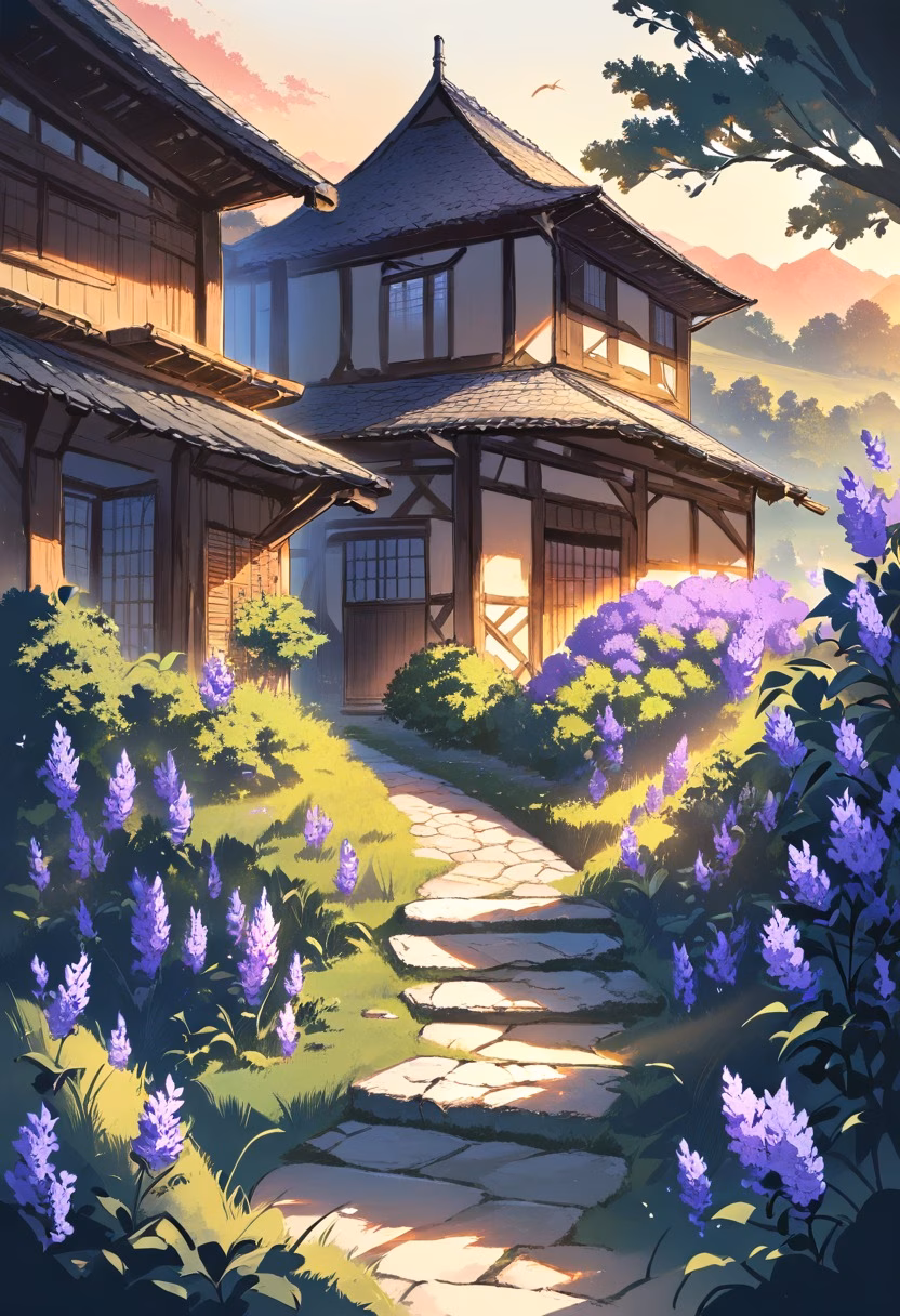 Lavender Farmhouse Sunset — view 2 — lavender farmhouse courtyard, purple fields surrounding stone house, warm sunset, wooden shutters, peaceful Provence cou