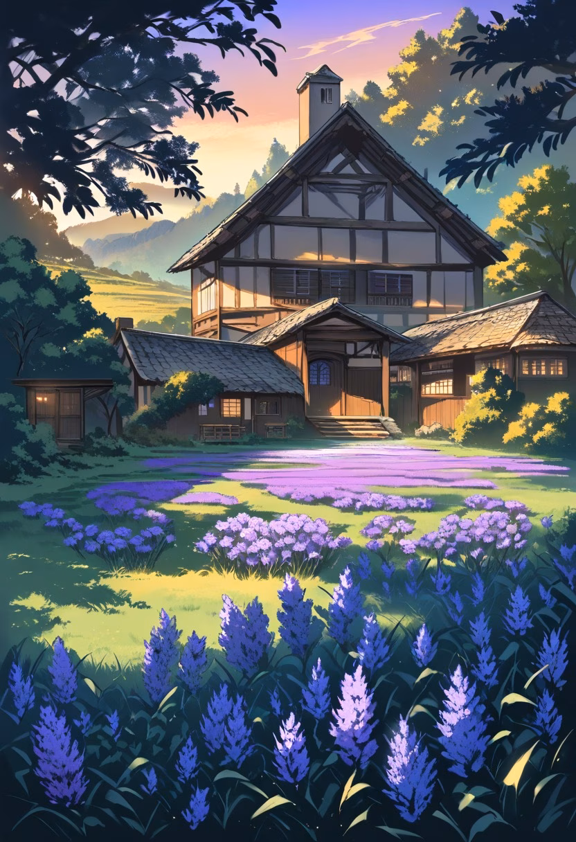 Lavender Farmhouse Sunset — view 5 — lavender farmhouse courtyard, purple fields surrounding stone house, warm sunset, wooden shutters, peaceful Provence cou
