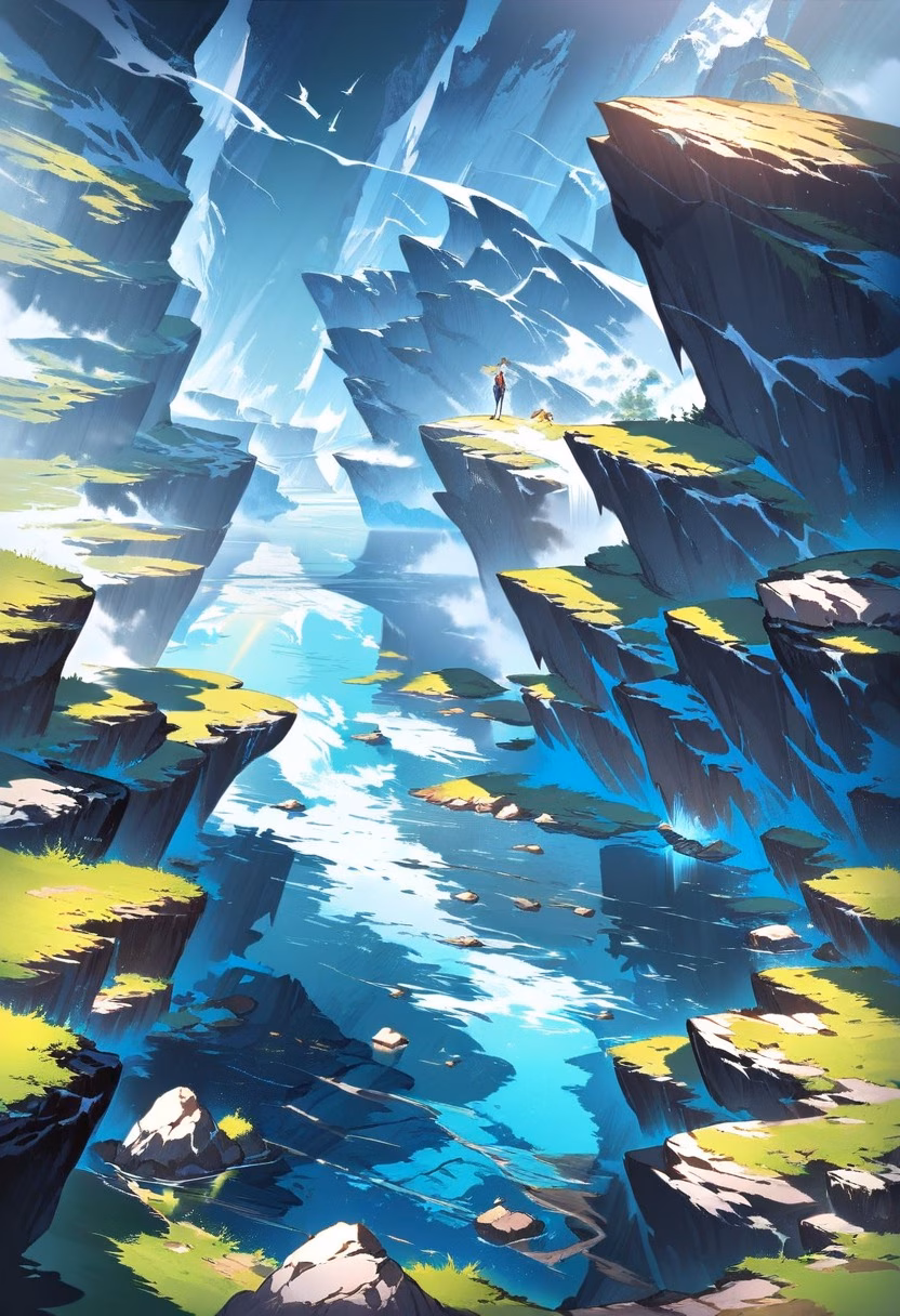 Glacial Blue Lake — view 1 — glacial blue lake surrounded by rugged peaks, clear water, rocky shoreline, bright daylight, untouched wilderness, drama