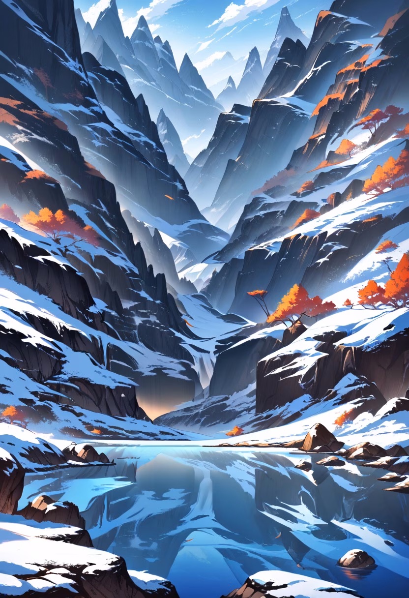 Glacial Blue Lake — view 2 — glacial blue lake surrounded by rugged peaks, clear water, rocky shoreline, bright daylight, untouched wilderness, drama
