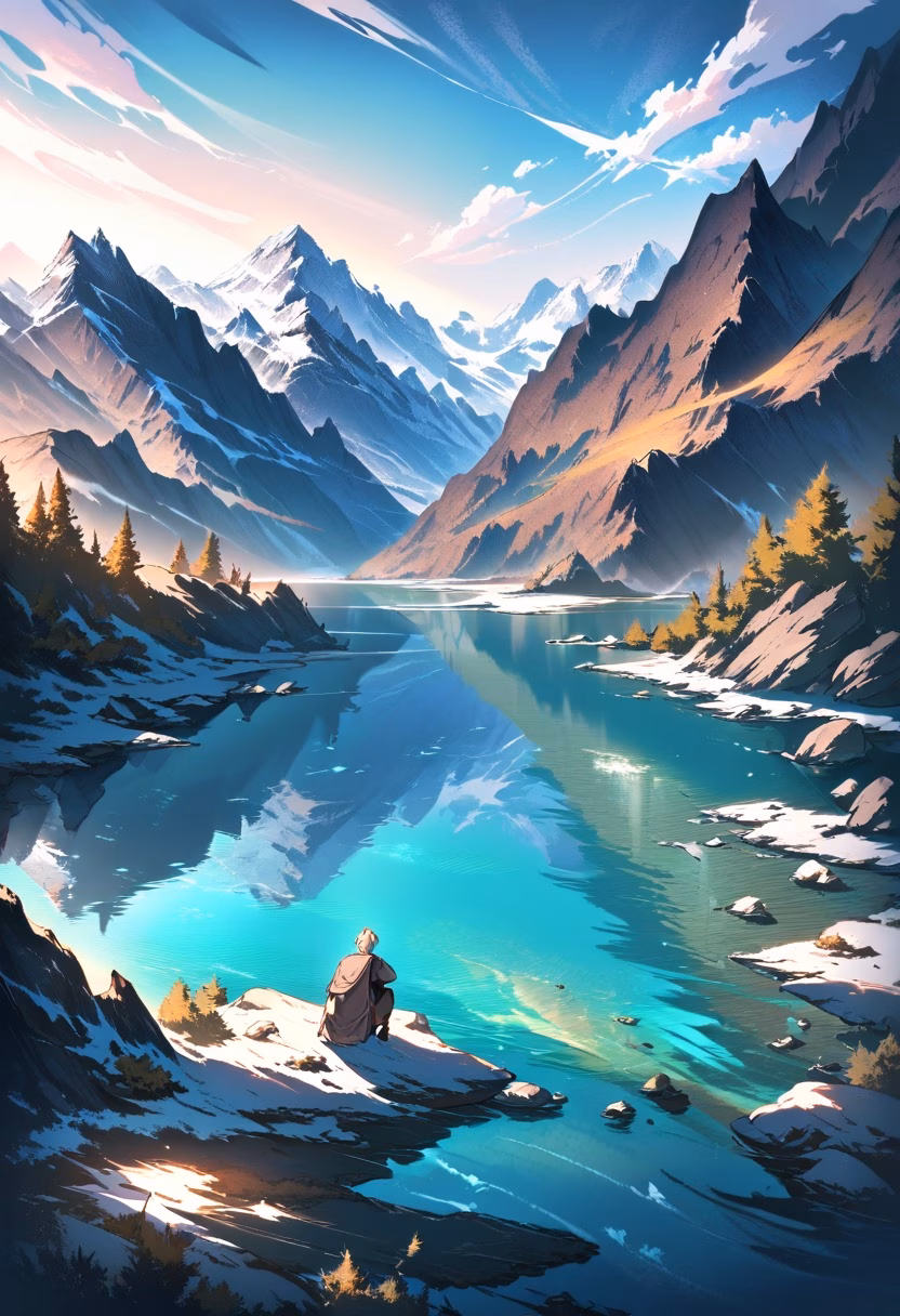 Glacial Blue Lake — view 3 — glacial blue lake surrounded by rugged peaks, clear water, rocky shoreline, bright daylight, untouched wilderness, drama