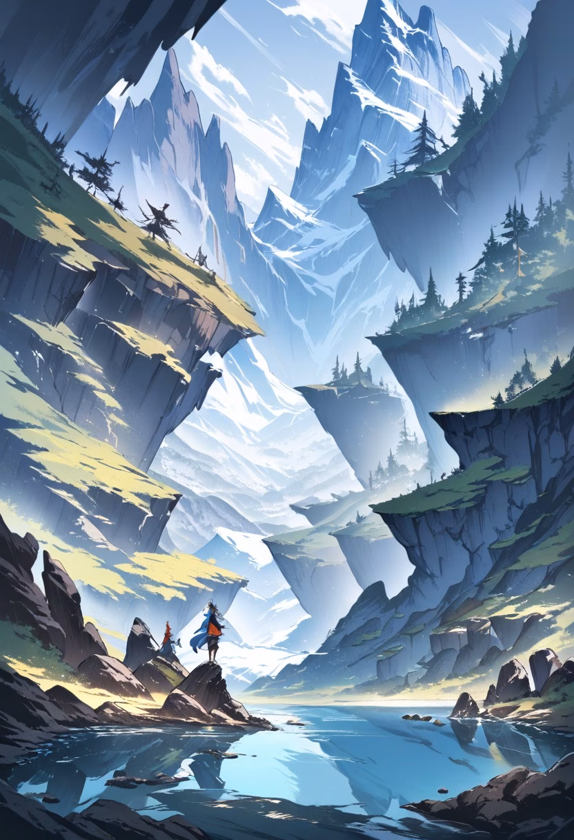 Glacial Blue Lake — view 4 — glacial blue lake surrounded by rugged peaks, clear water, rocky shoreline, bright daylight, untouched wilderness, drama