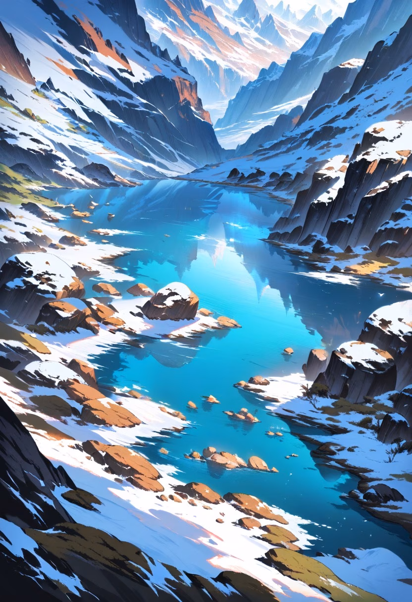 Glacial Blue Lake — view 5 — glacial blue lake surrounded by rugged peaks, clear water, rocky shoreline, bright daylight, untouched wilderness, drama