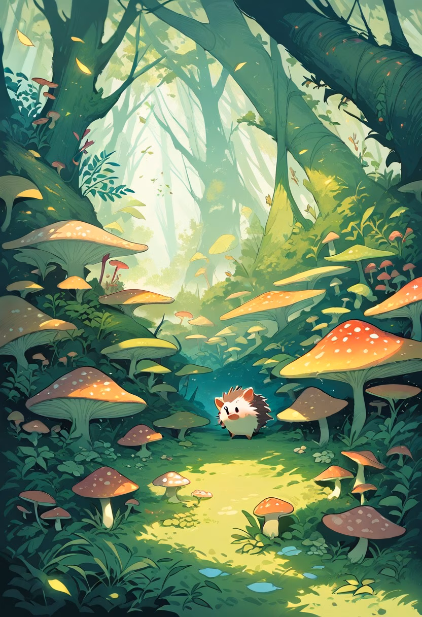 Hedgehog in the Forest — view 1 — small hedgehog walking through mossy forest floor, mushrooms, fallen leaves, soft sunlight, cute wildlife, detailed spin