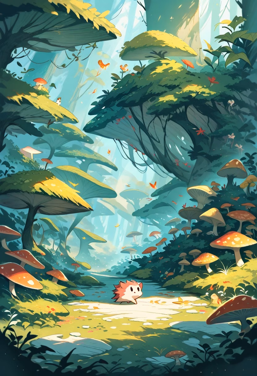 Hedgehog in the Forest — view 2 — small hedgehog walking through mossy forest floor, mushrooms, fallen leaves, soft sunlight, cute wildlife, detailed spin