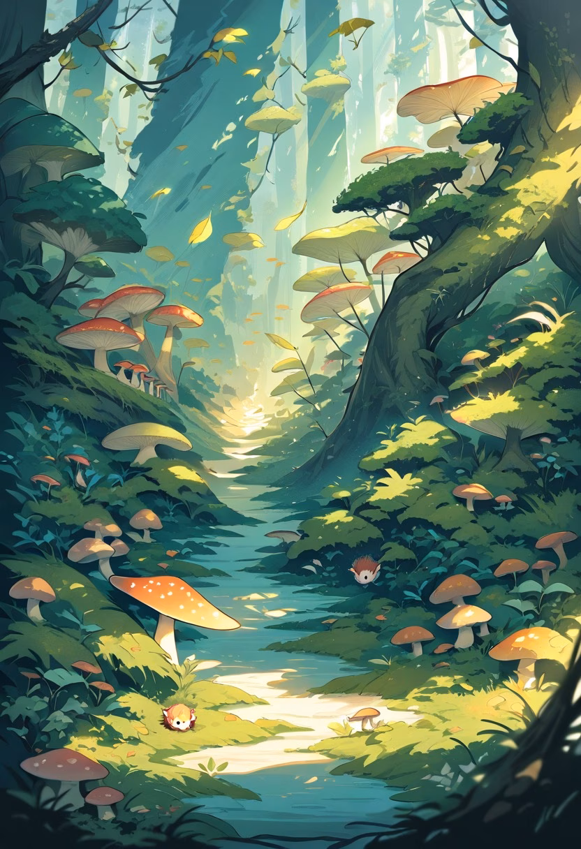 Hedgehog in the Forest — view 3 — small hedgehog walking through mossy forest floor, mushrooms, fallen leaves, soft sunlight, cute wildlife, detailed spin