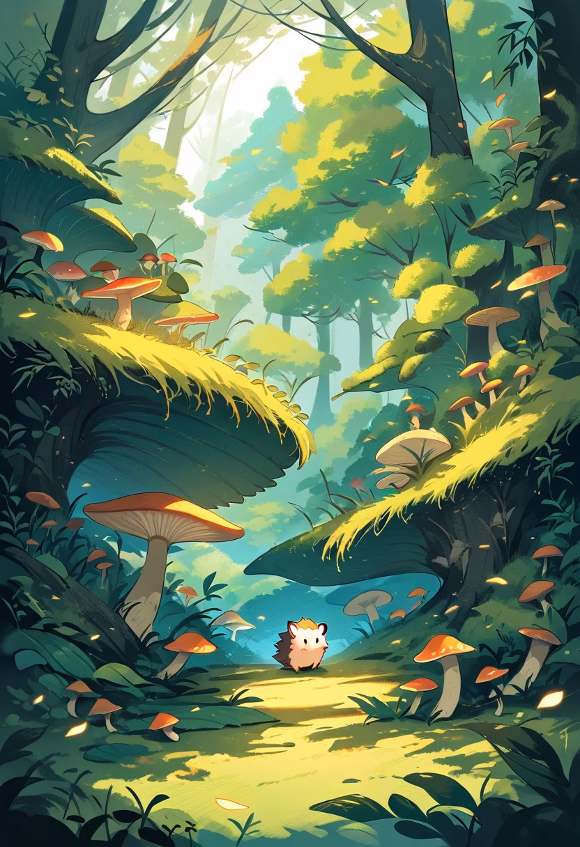 Hedgehog in the Forest — view 4 — small hedgehog walking through mossy forest floor, mushrooms, fallen leaves, soft sunlight, cute wildlife, detailed spin