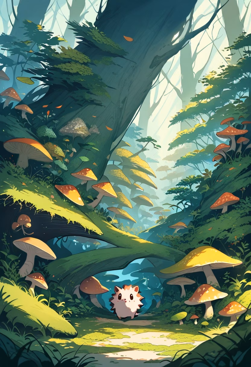 Hedgehog in the Forest — view 5 — small hedgehog walking through mossy forest floor, mushrooms, fallen leaves, soft sunlight, cute wildlife, detailed spin