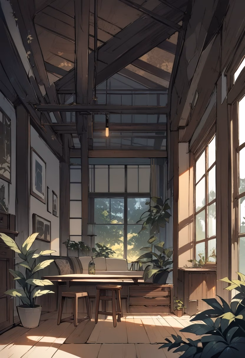 Modern Minimalist Living Room — view 1 — modern minimalist living room, large windows, wooden furniture, indoor plants, soft daylight, neutral decor, clean inter