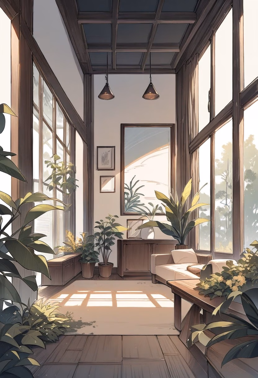 Modern Minimalist Living Room — view 2 — modern minimalist living room, large windows, wooden furniture, indoor plants, soft daylight, neutral decor, clean inter