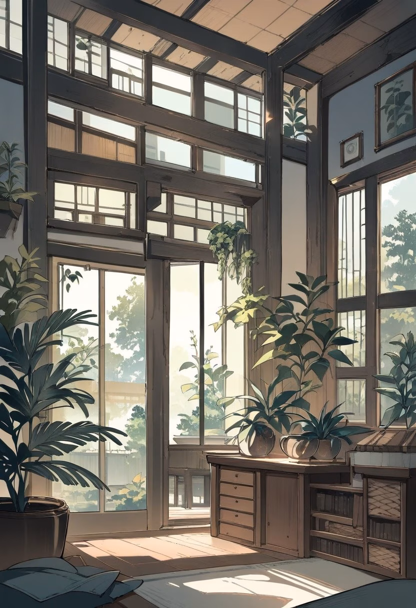 Modern Minimalist Living Room — view 4 — modern minimalist living room, large windows, wooden furniture, indoor plants, soft daylight, neutral decor, clean inter