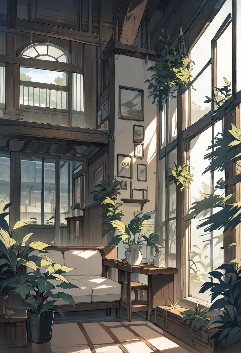 Modern Minimalist Living Room — view 5 — modern minimalist living room, large windows, wooden furniture, indoor plants, soft daylight, neutral decor, clean inter