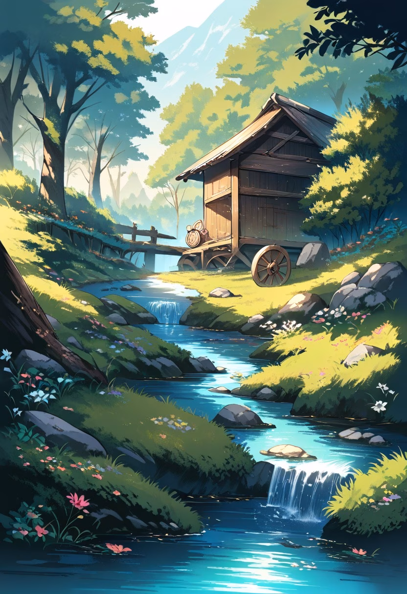 Old Forest Watermill — view 1 — watermill beside peaceful forest stream, wooden wheel turning, mossy stones, wildflowers, morning mist, rustic countrysi