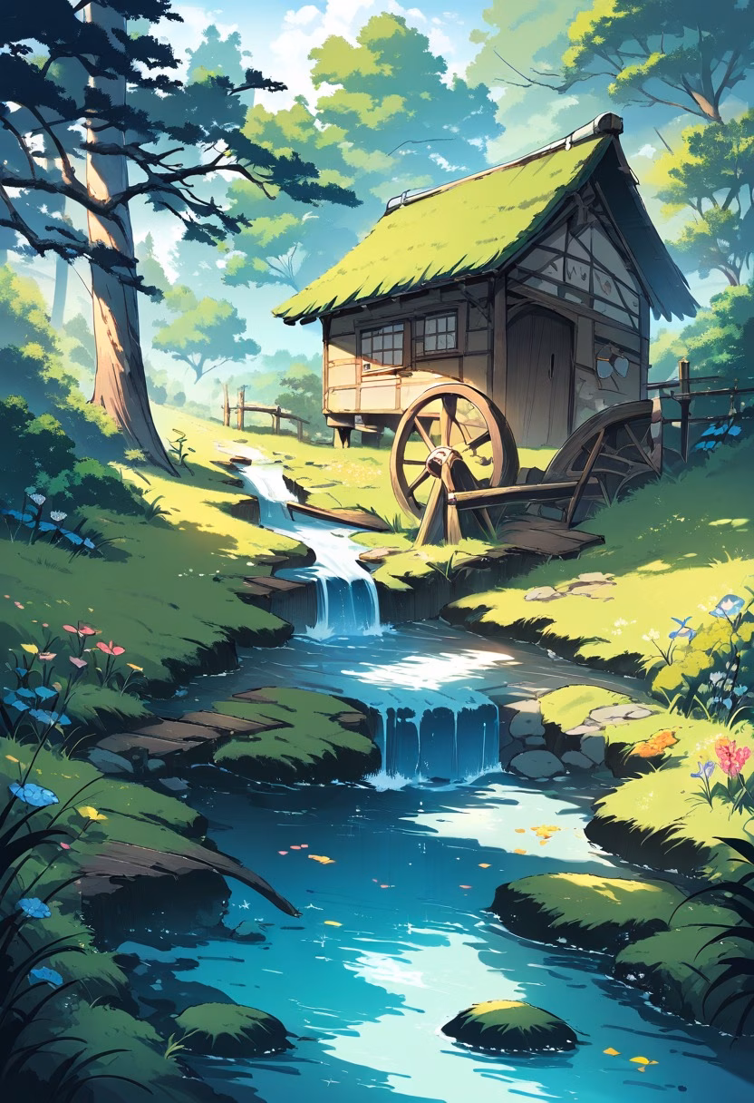 Old Forest Watermill — view 2 — watermill beside peaceful forest stream, wooden wheel turning, mossy stones, wildflowers, morning mist, rustic countrysi