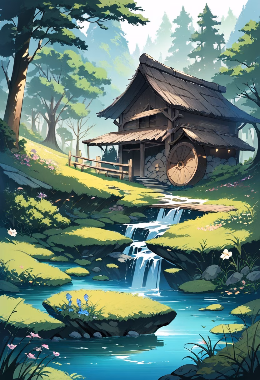 Old Forest Watermill — view 3 — watermill beside peaceful forest stream, wooden wheel turning, mossy stones, wildflowers, morning mist, rustic countrysi