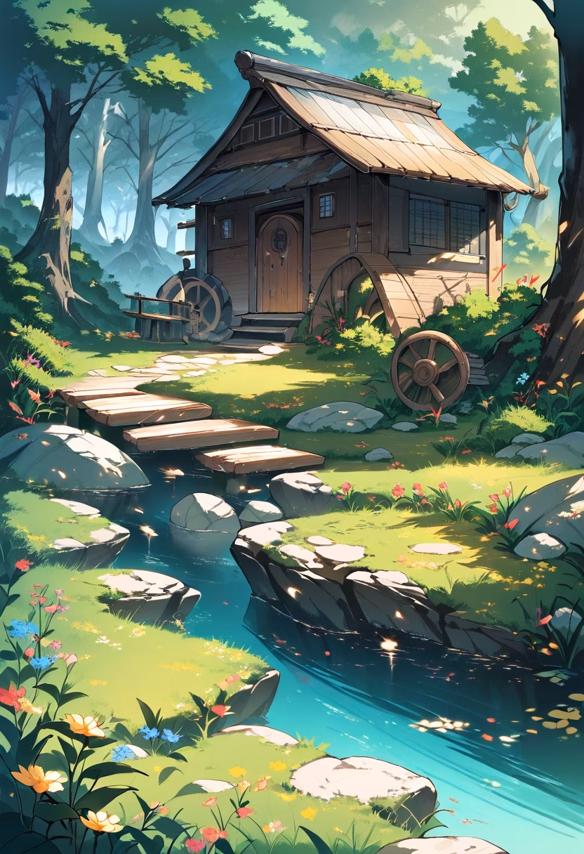 Old Forest Watermill — view 4 — watermill beside peaceful forest stream, wooden wheel turning, mossy stones, wildflowers, morning mist, rustic countrysi