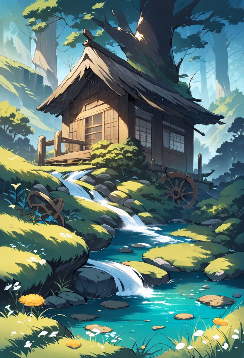 Old Forest Watermill — view 5 — watermill beside peaceful forest stream, wooden wheel turning, mossy stones, wildflowers, morning mist, rustic countrysi