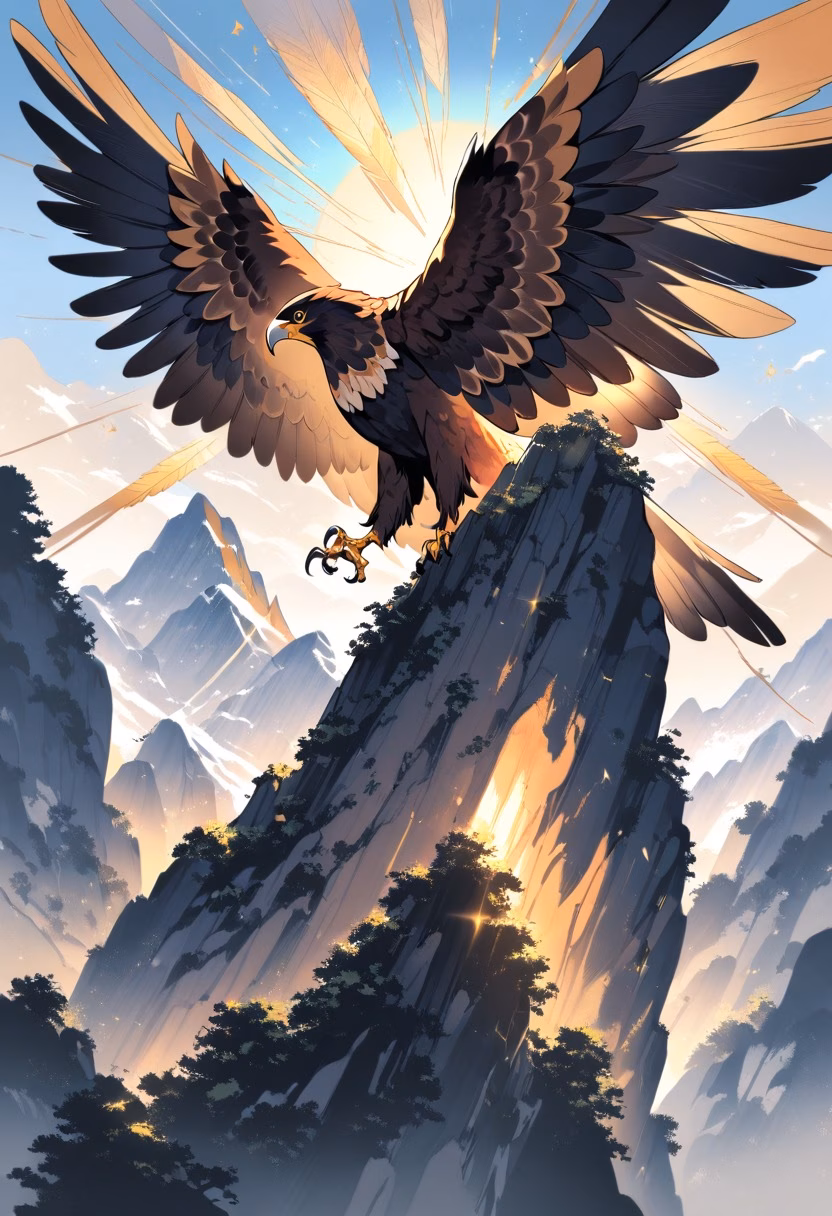 Golden Eagle Above the Peaks — view 1 — golden eagle soaring above mountain cliffs, wide wings, blue sky, dramatic valley below, majestic wildlife, sunlight on 