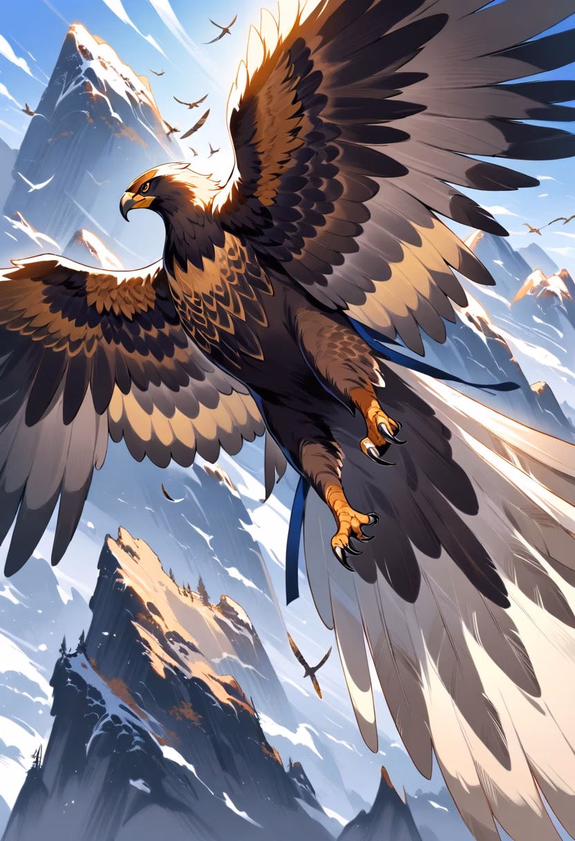 Golden Eagle Above the Peaks — view 2 — golden eagle soaring above mountain cliffs, wide wings, blue sky, dramatic valley below, majestic wildlife, sunlight on