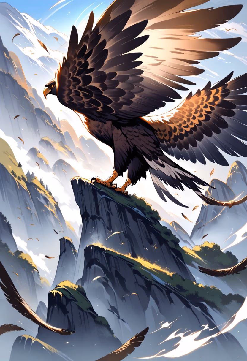 Golden Eagle Above the Peaks — view 3 — golden eagle soaring above mountain cliffs, wide wings, blue sky, dramatic valley below, majestic wildlife, sunlight on