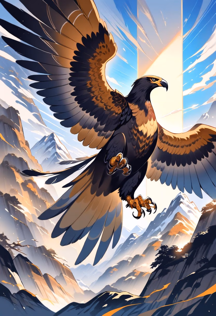 Golden Eagle Above the Peaks — view 4 — golden eagle soaring above mountain cliffs, wide wings, blue sky, dramatic valley below, majestic wildlife, sunlight on