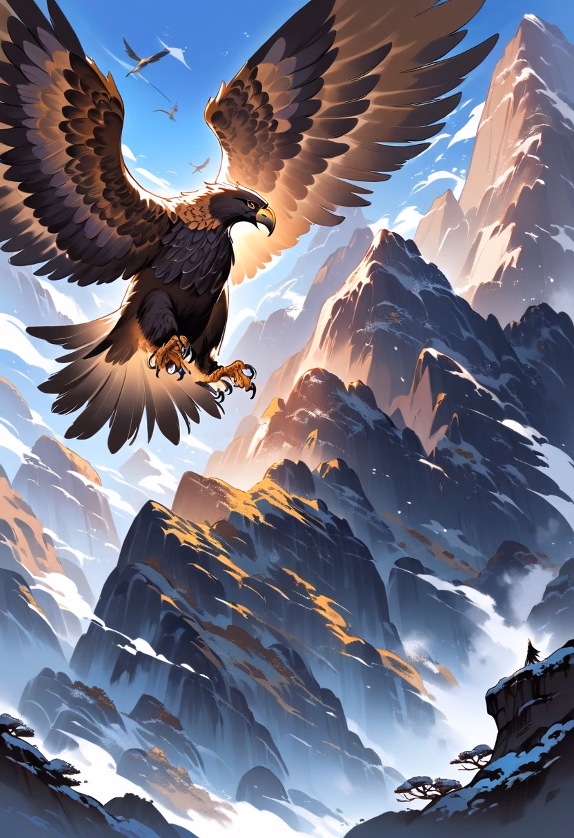 Golden Eagle Above the Peaks — view 5 — golden eagle soaring above mountain cliffs, wide wings, blue sky, dramatic valley below, majestic wildlife, sunlight on 