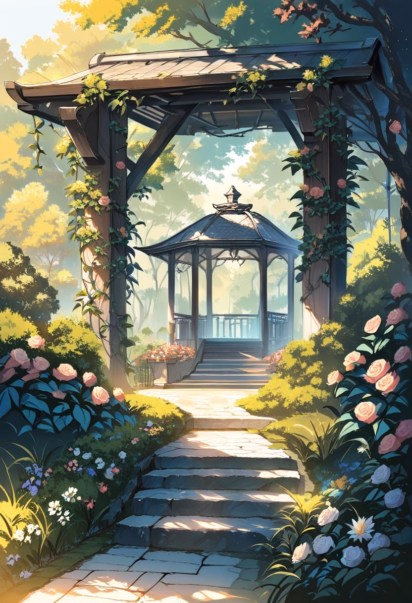 Rose Garden Gazebo — view 1 — romantic garden gazebo surrounded by roses, climbing vines, stone path, warm evening sunlight, elegant landscaping, peac