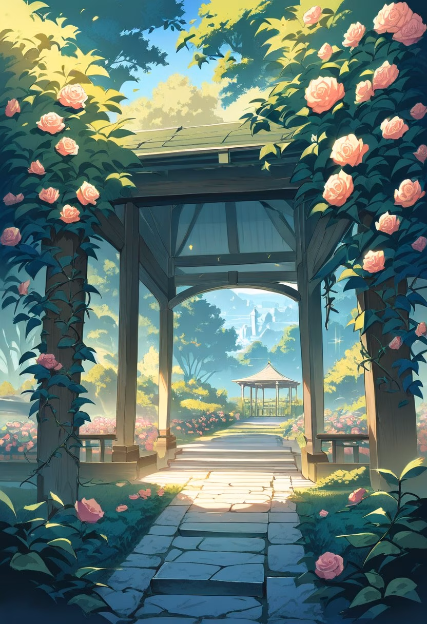 Rose Garden Gazebo — view 2 — romantic garden gazebo surrounded by roses, climbing vines, stone path, warm evening sunlight, elegant landscaping, peac