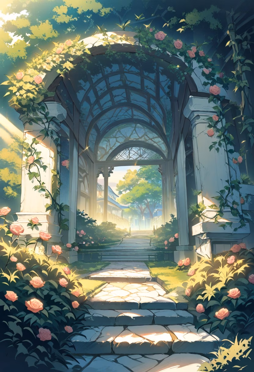 Rose Garden Gazebo — view 3 — romantic garden gazebo surrounded by roses, climbing vines, stone path, warm evening sunlight, elegant landscaping, peac
