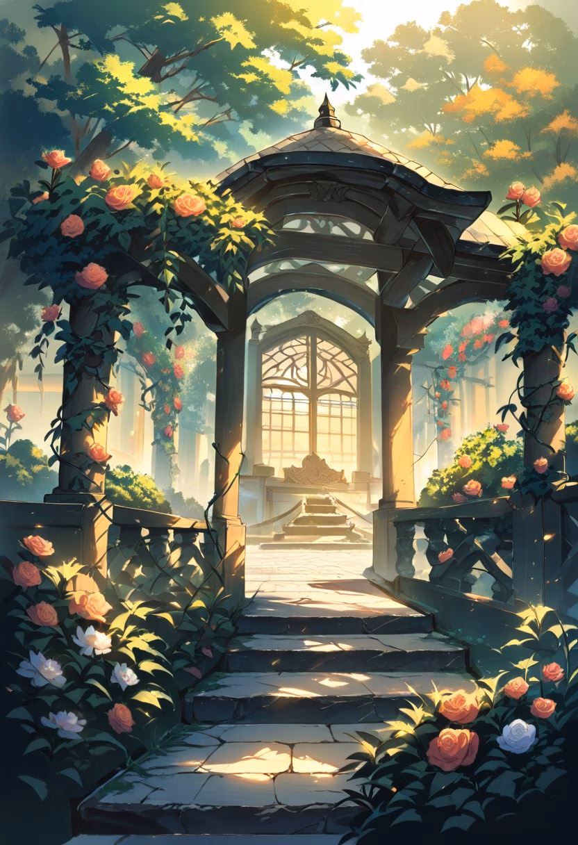 Rose Garden Gazebo — view 4 — romantic garden gazebo surrounded by roses, climbing vines, stone path, warm evening sunlight, elegant landscaping, peac