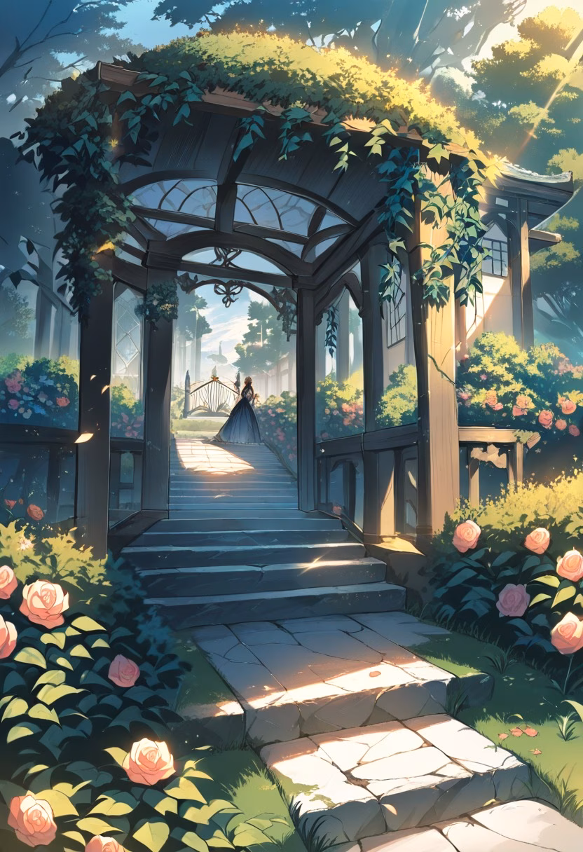 Rose Garden Gazebo — view 5 — romantic garden gazebo surrounded by roses, climbing vines, stone path, warm evening sunlight, elegant landscaping, peac