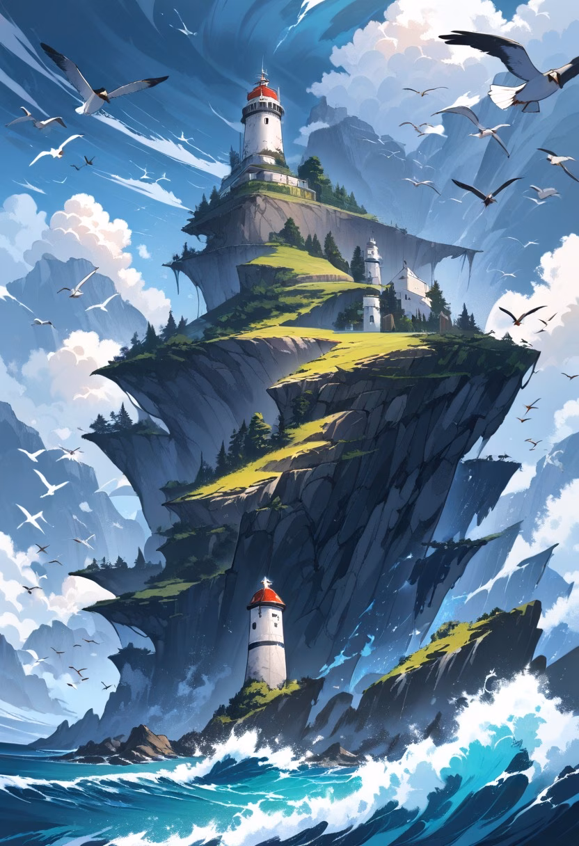 Lighthouse on a Rocky Island — view 2 — ancient lighthouse on rocky island, powerful ocean waves, cloudy sky, seabirds, dramatic coastal scenery, weathered ston