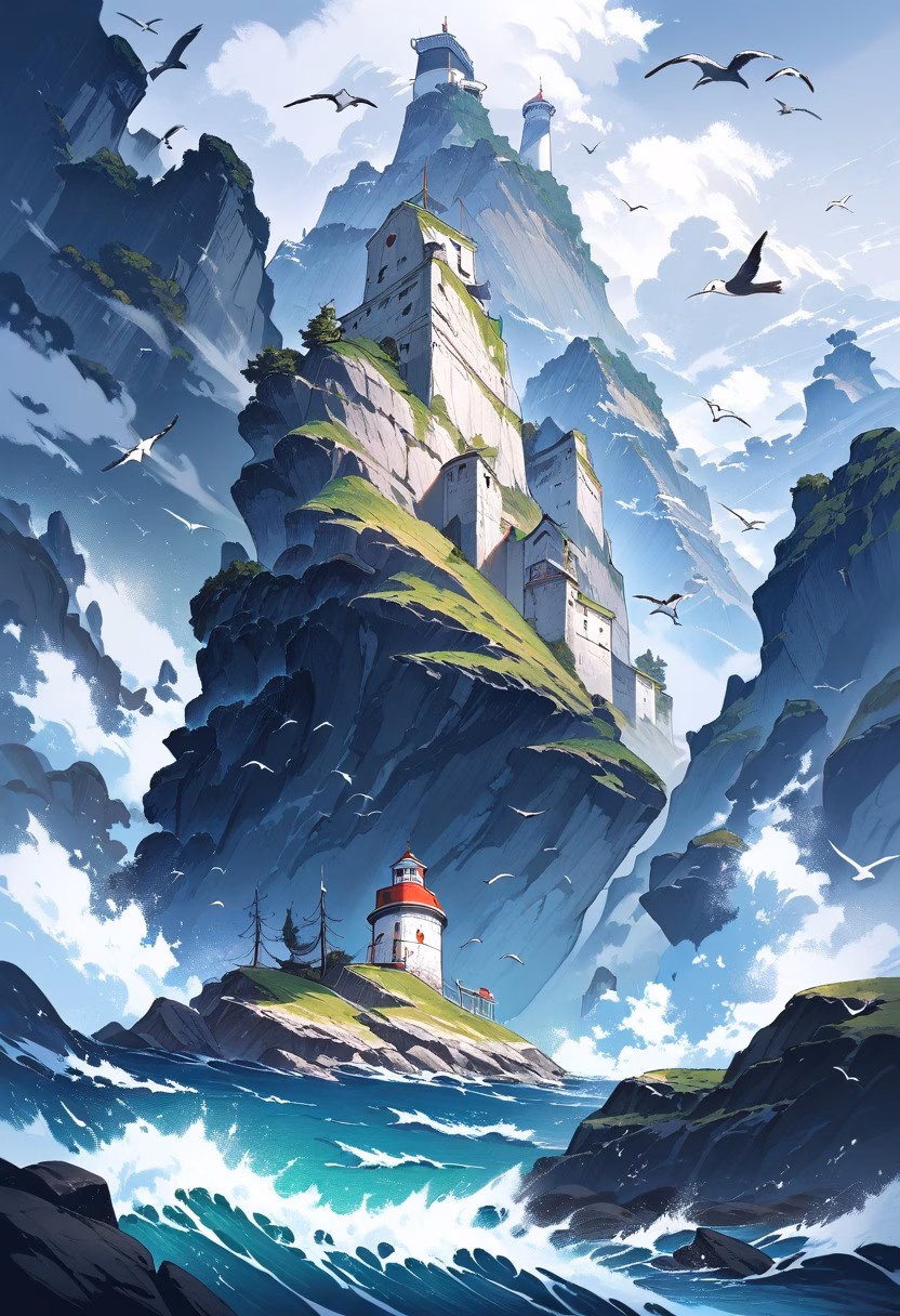 Lighthouse on a Rocky Island — view 3 — ancient lighthouse on rocky island, powerful ocean waves, cloudy sky, seabirds, dramatic coastal scenery, weathered ston