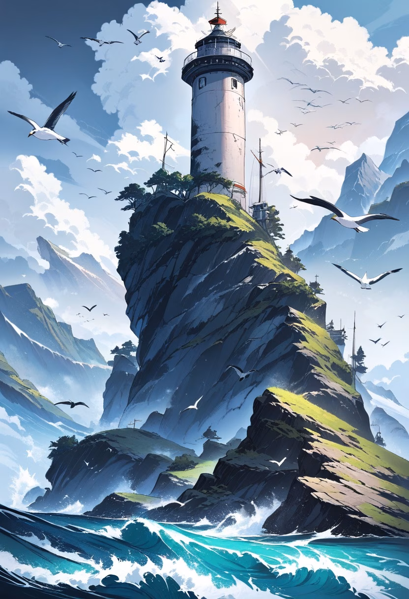 Lighthouse on a Rocky Island — view 5 — ancient lighthouse on rocky island, powerful ocean waves, cloudy sky, seabirds, dramatic coastal scenery, weathered ston
